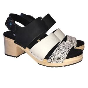 TOMS Phoebe Wooden Heel Slingback Sandal Womens 8 Black White Animal Print
